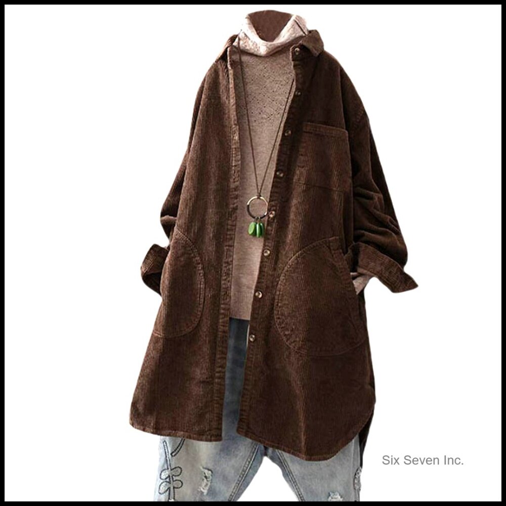 Corduroy Shacket Button Down Blouse Long Sleeve Oversized Tunic With Pockets